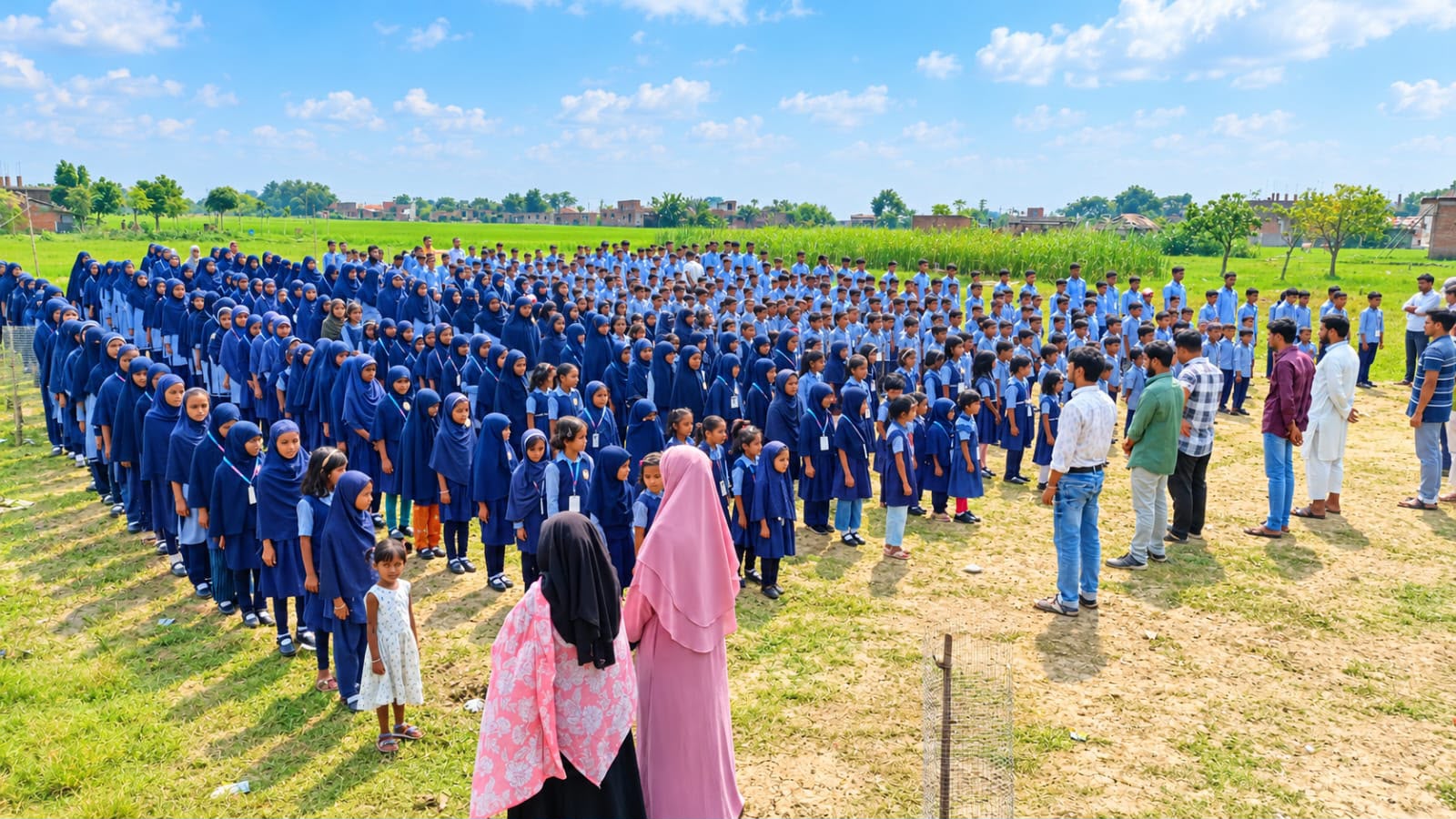 Students standing in long rows for prayer on the field